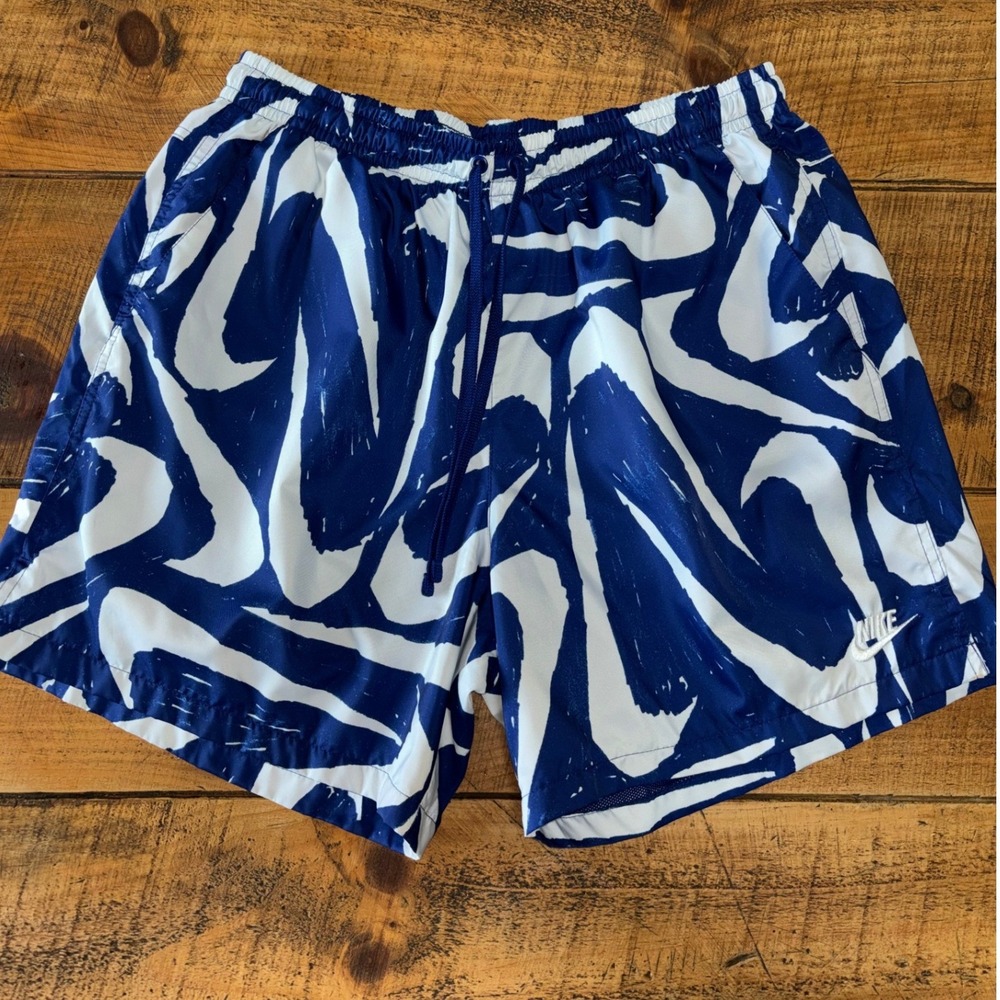 Nike Mens Blue White Woven Printed Swimming‎ Trunks Shorts All Over Swoosh XL